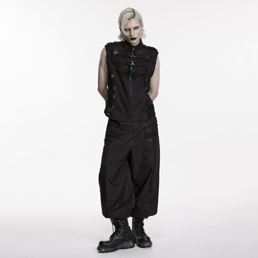 PUNK RAVE Men's Punk Buckle Straps Mesh Splice Vest