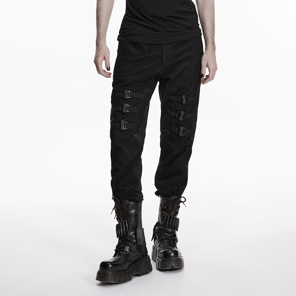 PUNK RAVE Men's Punk Buckle Straps Patchwork Pants