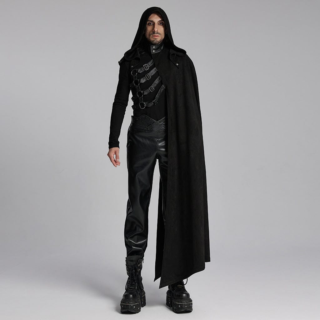 PUNK RAVE Men's Punk Buckle-up Rivets Cloak with Hood