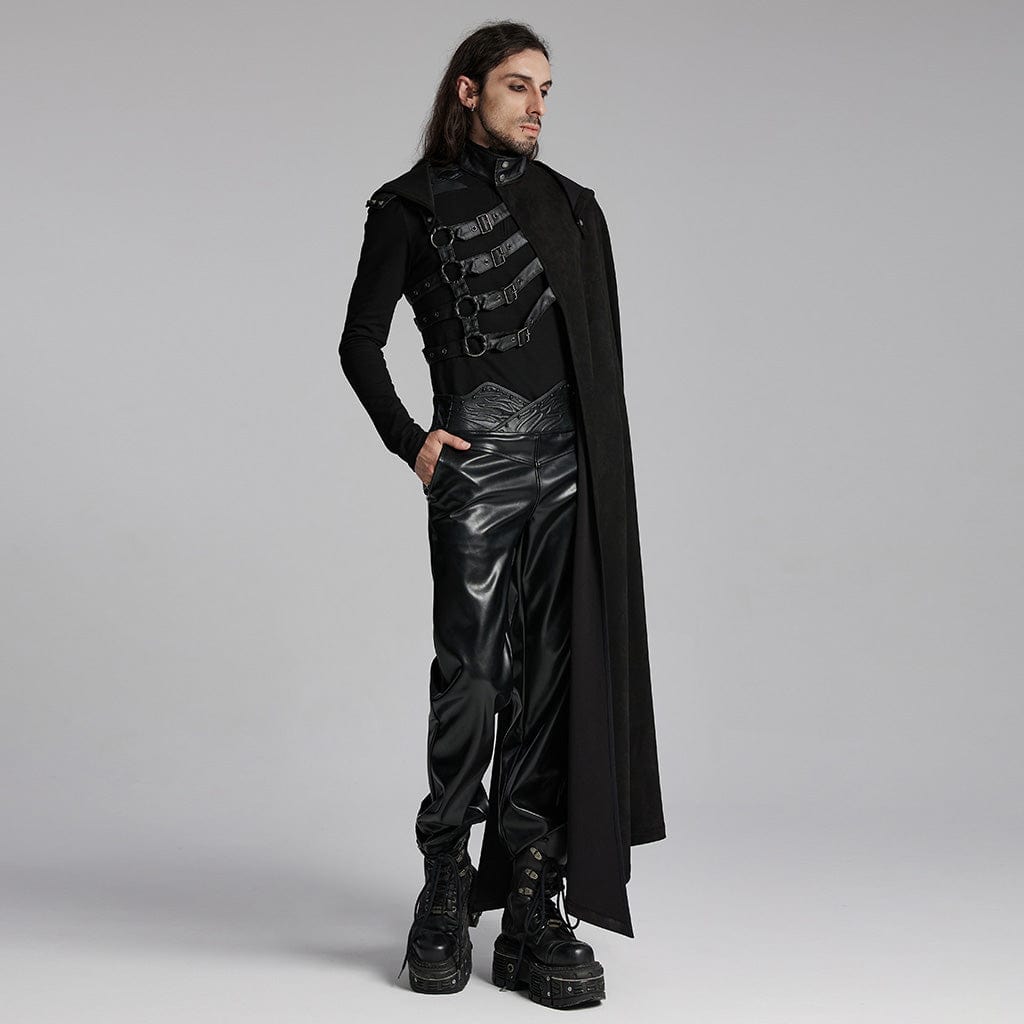 PUNK RAVE Men's Punk Buckle-up Rivets Cloak with Hood