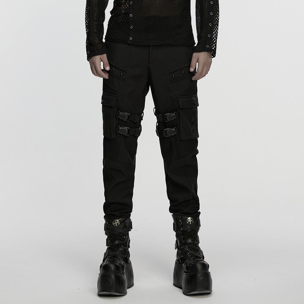 PUNK RAVE Men's Punk Buckle-up Strap Big Pockets Pants