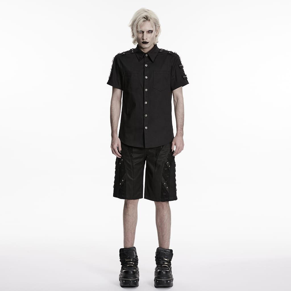 PUNK RAVE Camicia a maniche corte da uomo con rivetti a D e anelli punk
