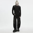 PUNK RAVE Men's Punk Embossed Stud Zipper Round Collar Long Sleeve Top