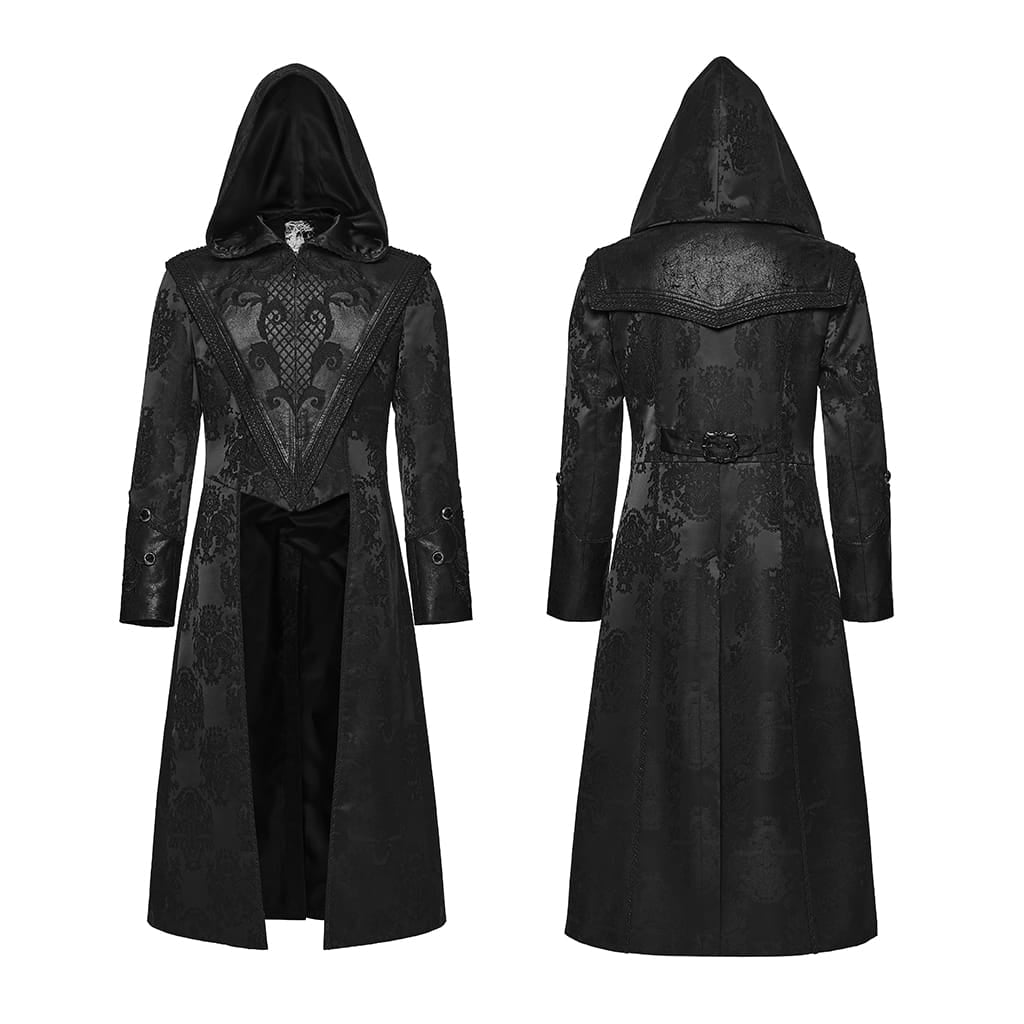 PUNK RAVE Men's Punk Embroidered Jacquard Hooded Coat Black