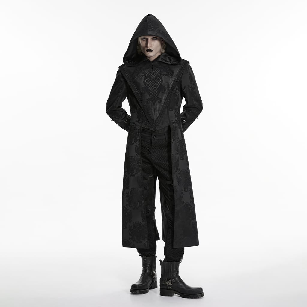 PUNK RAVE Men's Punk Embroidered Jacquard Hooded Coat Black