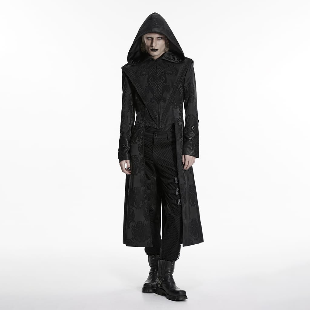 PUNK RAVE Men's Punk Embroidered Jacquard Hooded Coat Black