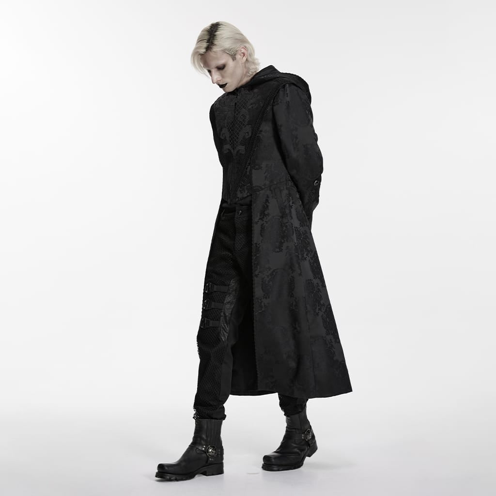 PUNK RAVE Men's Punk Embroidered Jacquard Hooded Coat Black