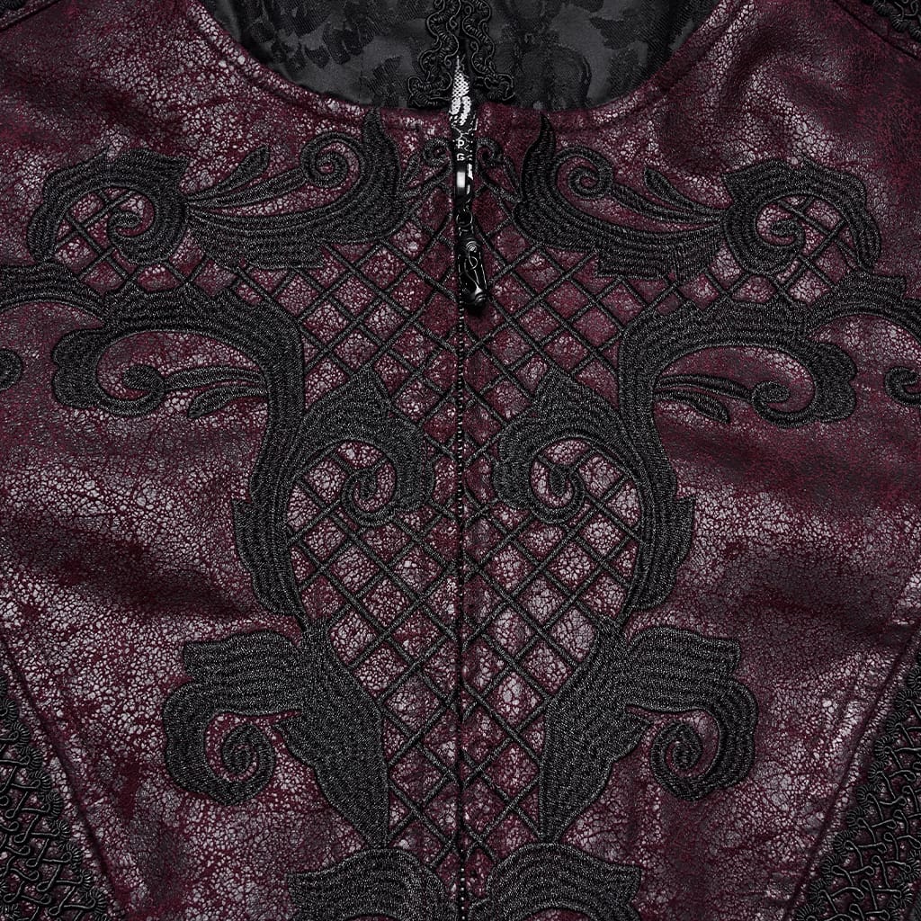 PUNK RAVE Men's Punk Embroidered Jacquard Hooded Coat Black-Red