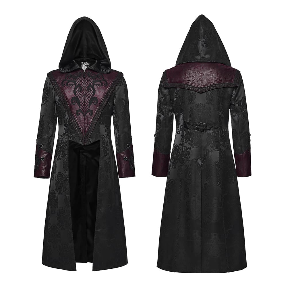 PUNK RAVE Men's Punk Embroidered Jacquard Hooded Coat Black-Red