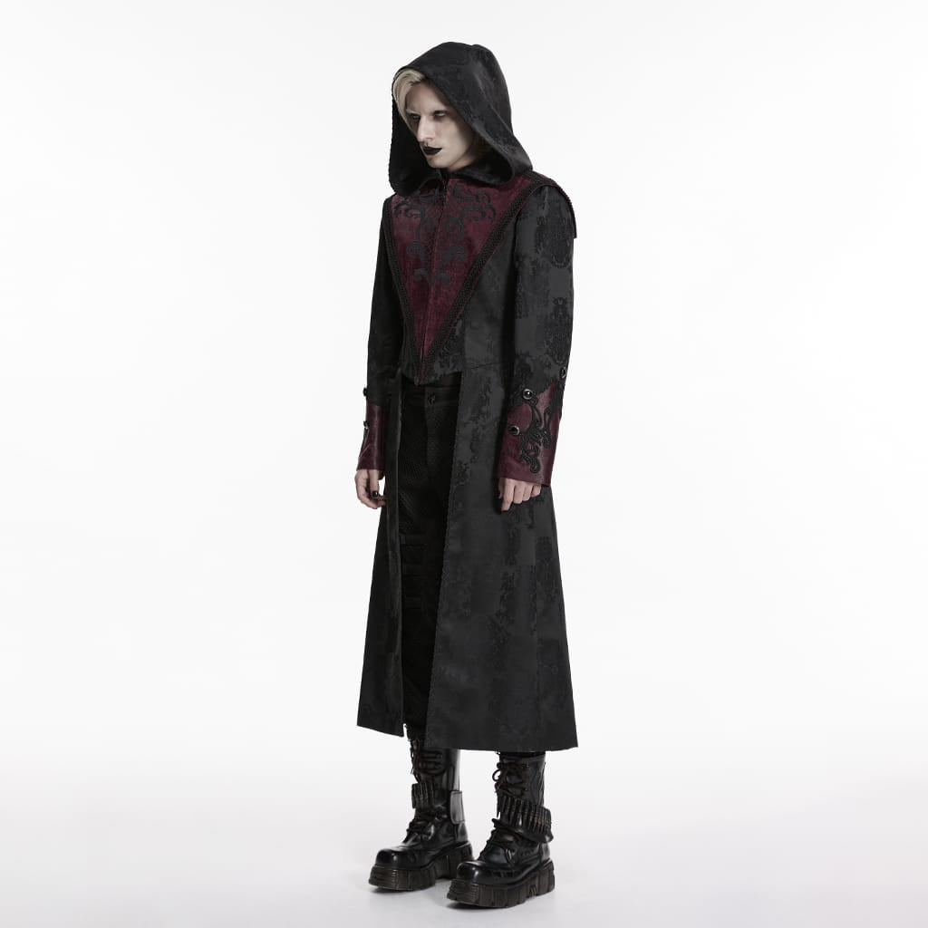 PUNK RAVE Men's Punk Embroidered Jacquard Hooded Coat Black-Red