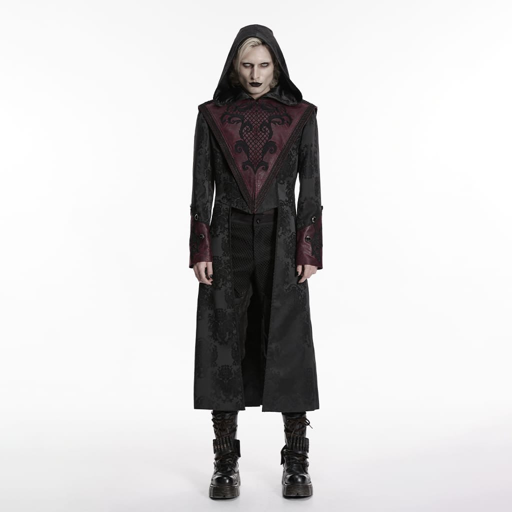 PUNK RAVE Men's Punk Embroidered Jacquard Hooded Coat Black-Red