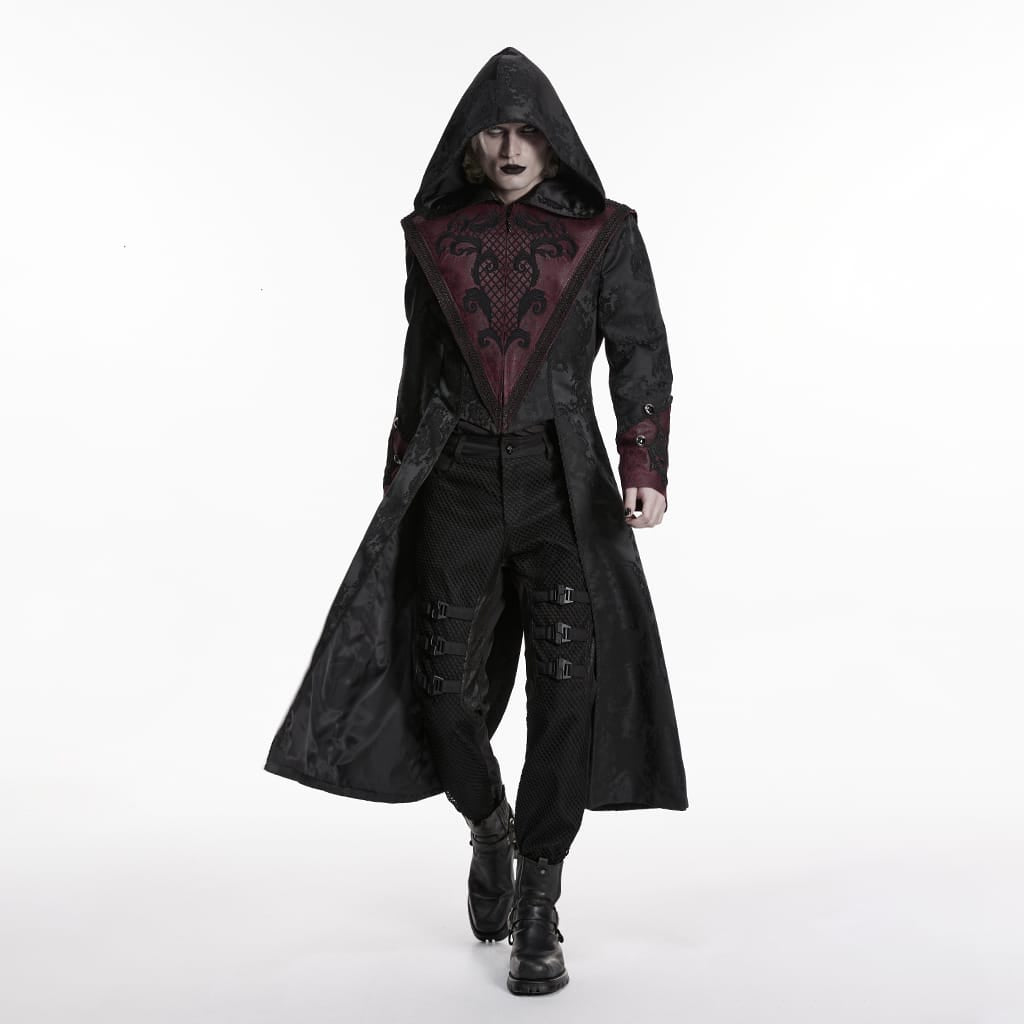 PUNK RAVE Men's Punk Embroidered Jacquard Hooded Coat Black-Red