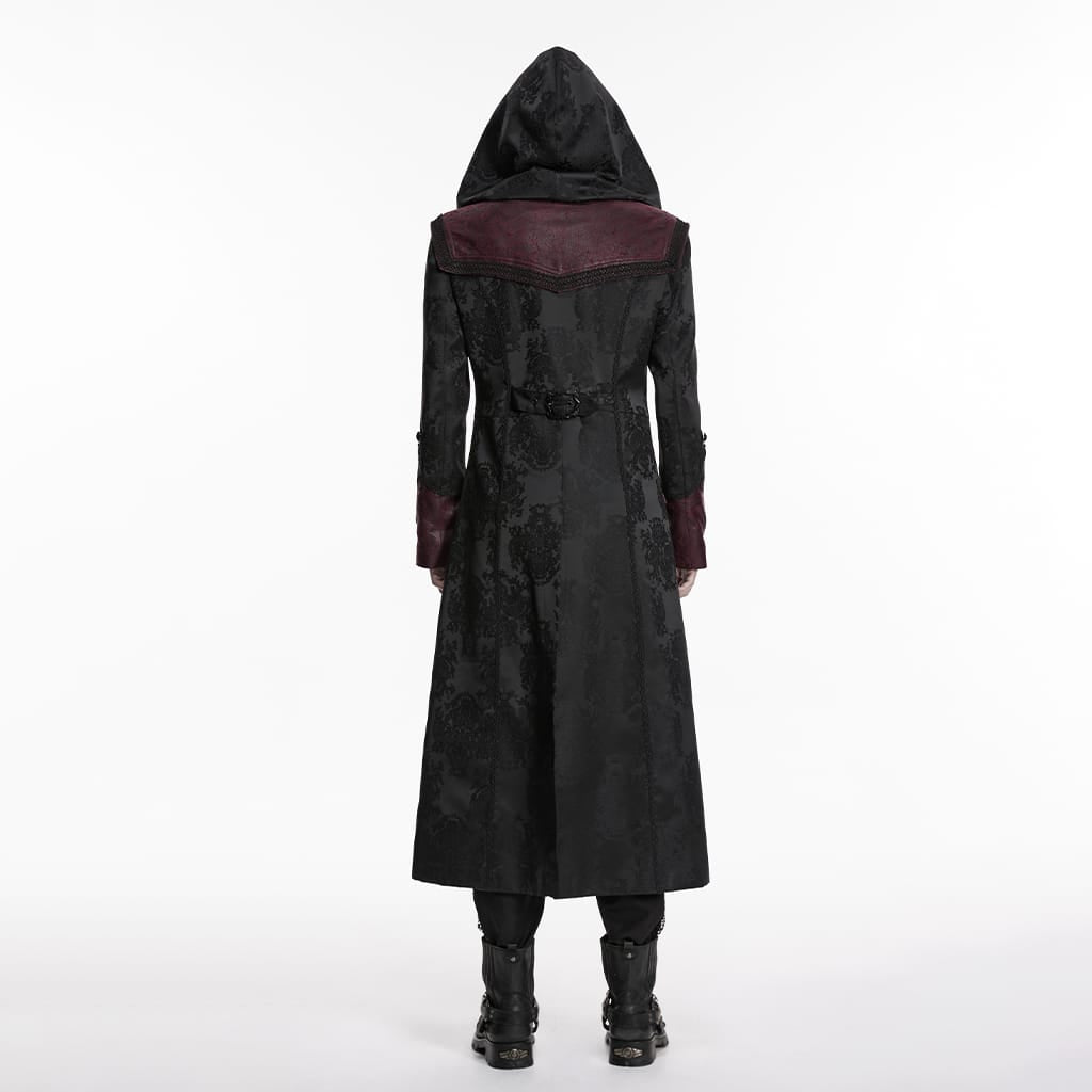 PUNK RAVE Men's Punk Embroidered Jacquard Hooded Coat Black-Red