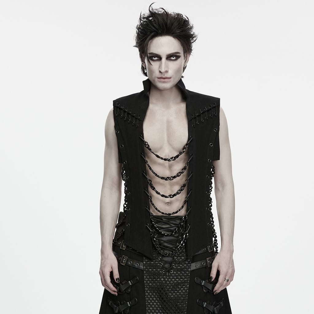 PUNK RAVE Men's Punk Eyelet Chain Safety Pin Stand Collar Vest