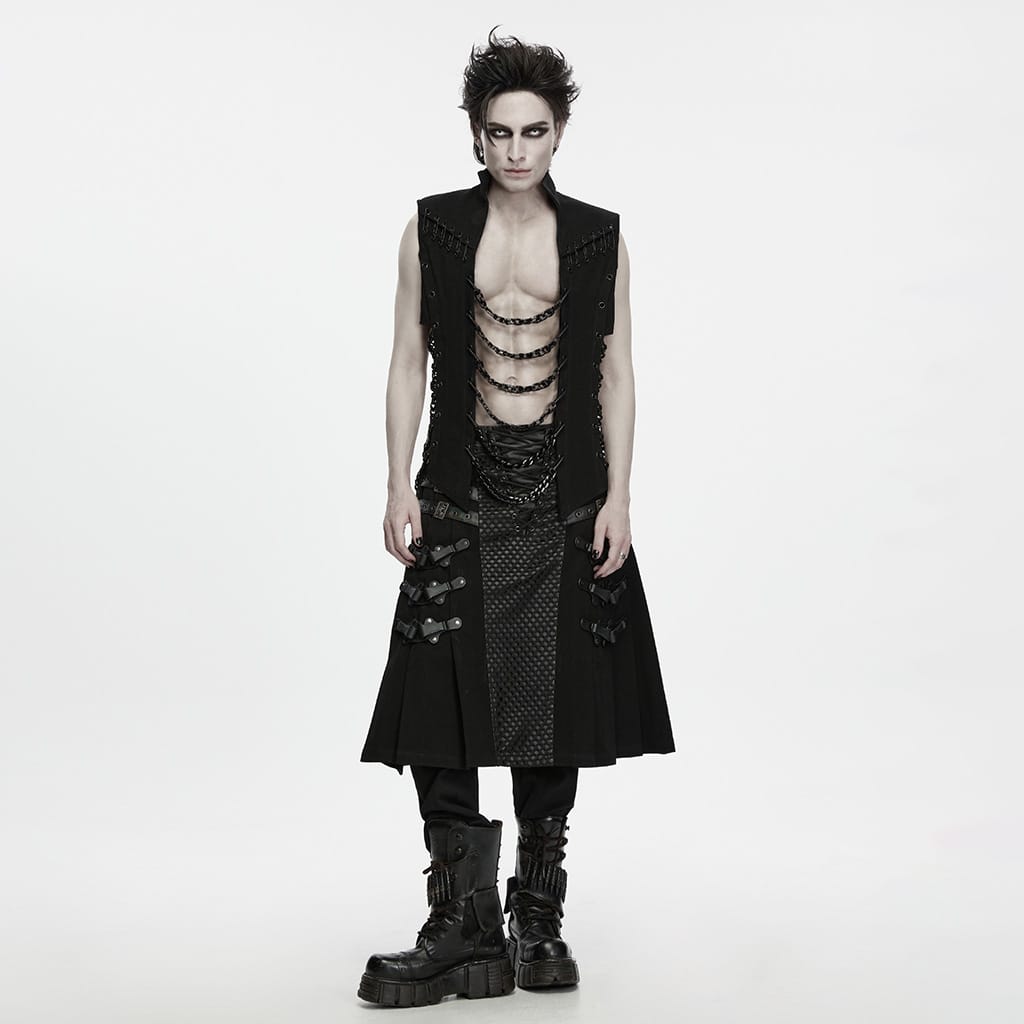 PUNK RAVE Men's Punk Eyelet Chain Safety Pin Stand Collar Vest
