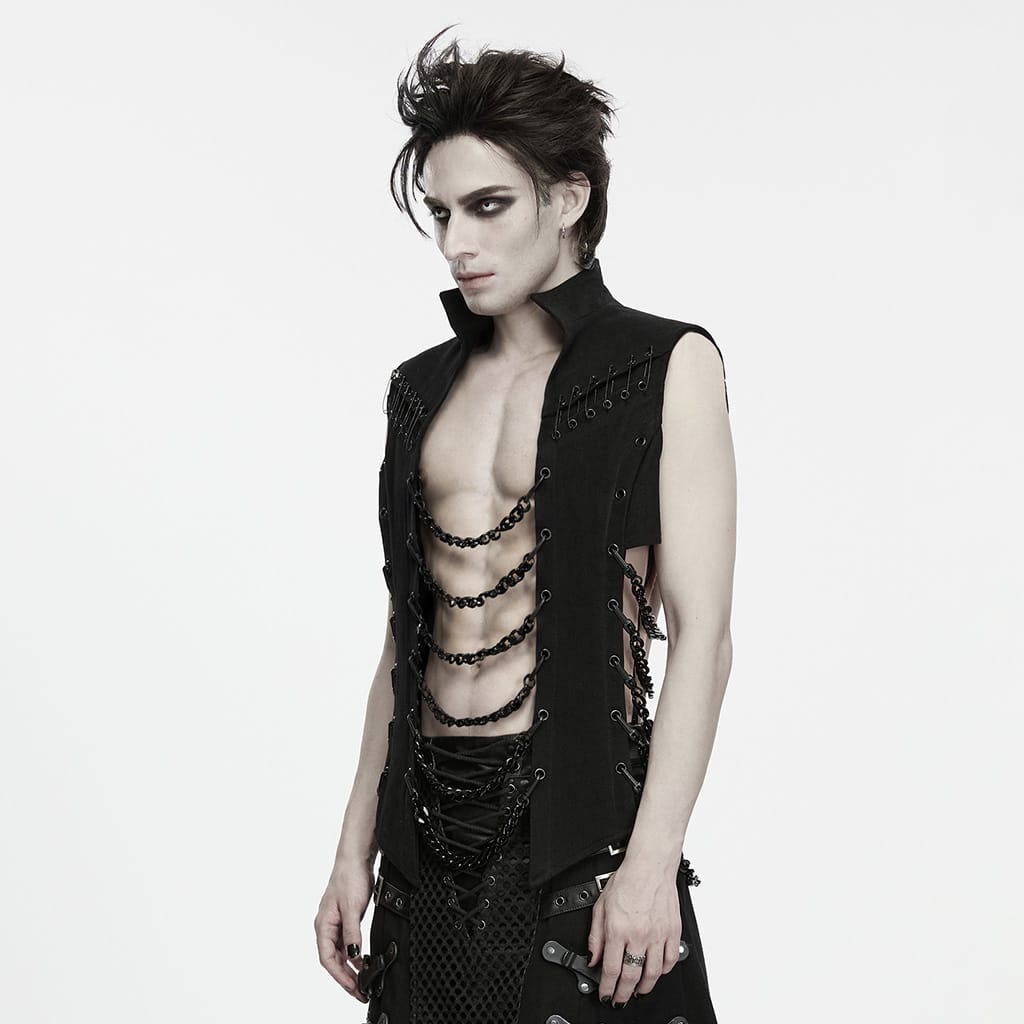 PUNK RAVE Men's Punk Eyelet Chain Safety Pin Stand Collar Vest