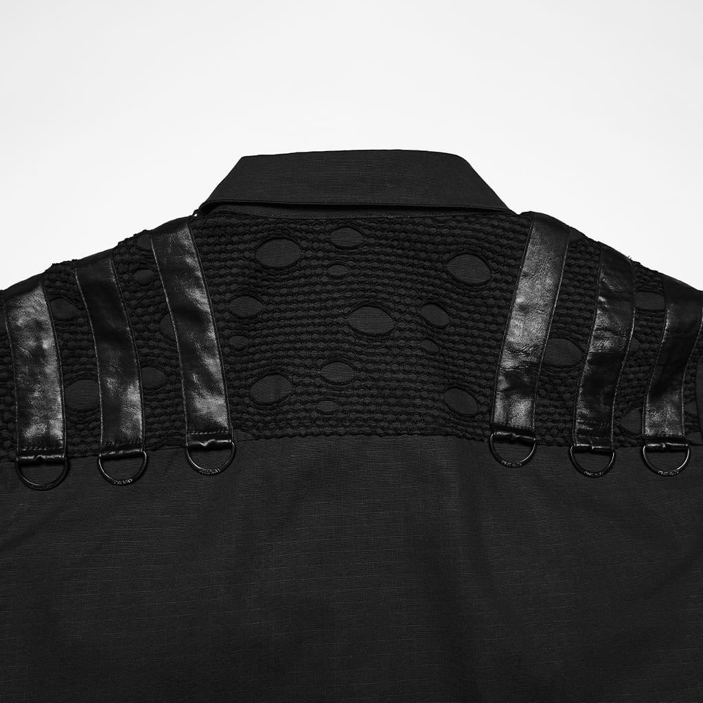 PUNK RAVE Men's Punk Eyelet D-ring Short Sleeved Shirt Black