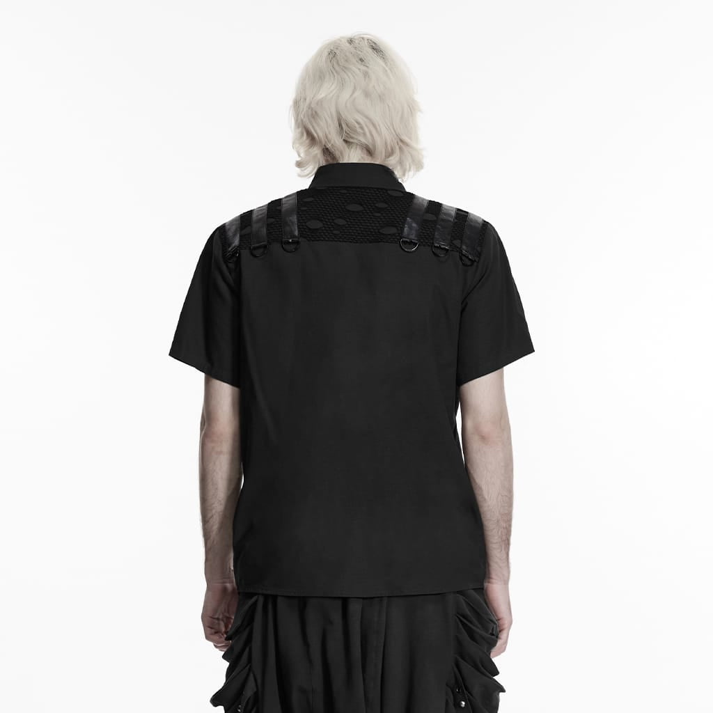 PUNK RAVE Men's Punk Eyelet D-ring Short Sleeved Shirt Black