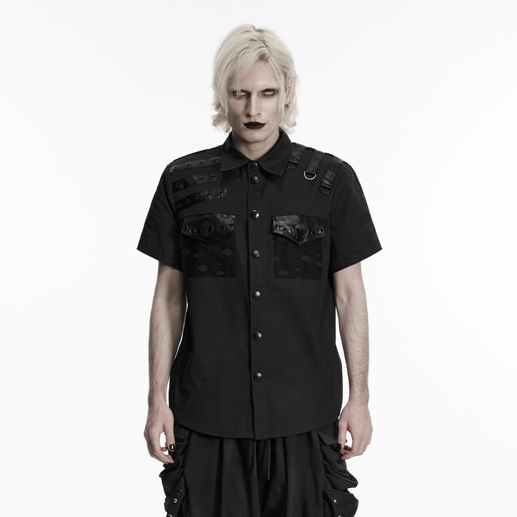 PUNK RAVE Men's Punk Eyelet D-ring Short Sleeved Shirt Black