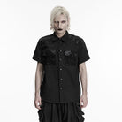 PUNK RAVE Men's Punk Eyelet D-ring Short Sleeved Shirt Black