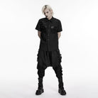 PUNK RAVE Men's Punk Eyelet D-ring Short Sleeved Shirt Black