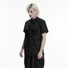 PUNK RAVE Men's Punk Eyelet D-ring Short Sleeved Shirt Black