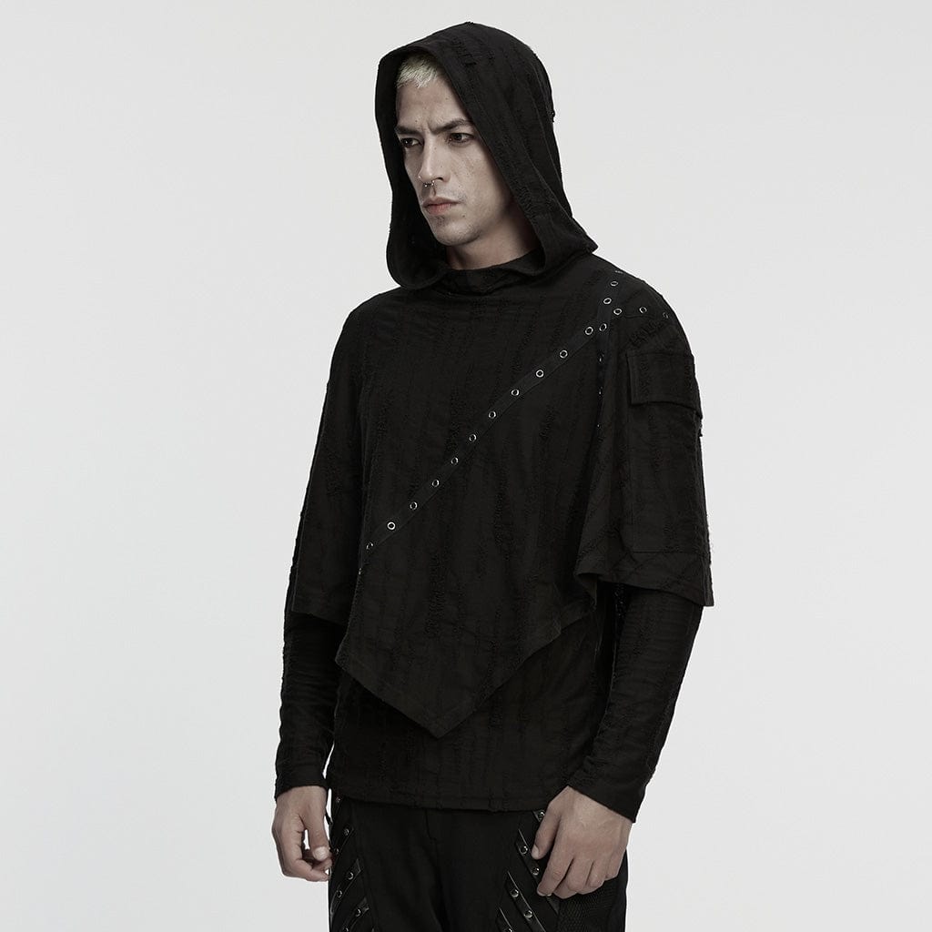 PUNK RAVE Men's Punk Eyelet Ripped Hoodie