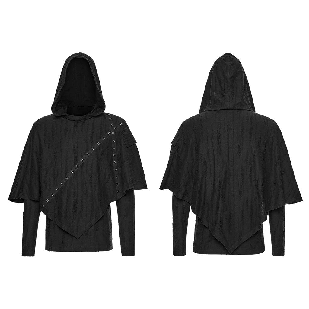 PUNK RAVE Men's Punk Eyelet Ripped Hoodie