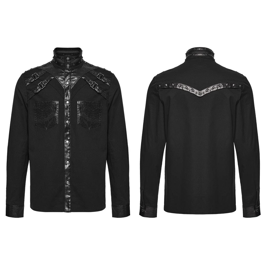 PUNK RAVE Men's Punk Eyelet Rivet Buckle-up Strap Stand Collar Shirt