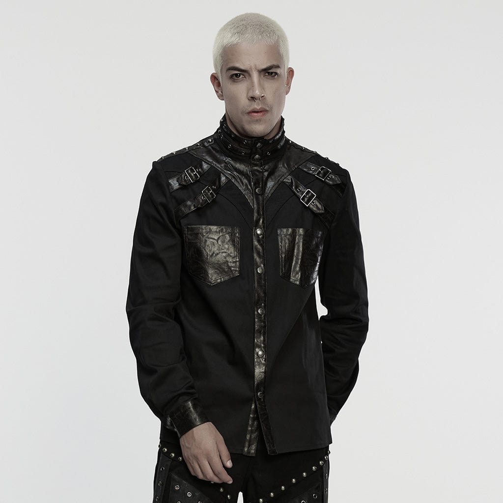 PUNK RAVE Men's Punk Eyelet Rivet Buckle-up Strap Stand Collar Shirt