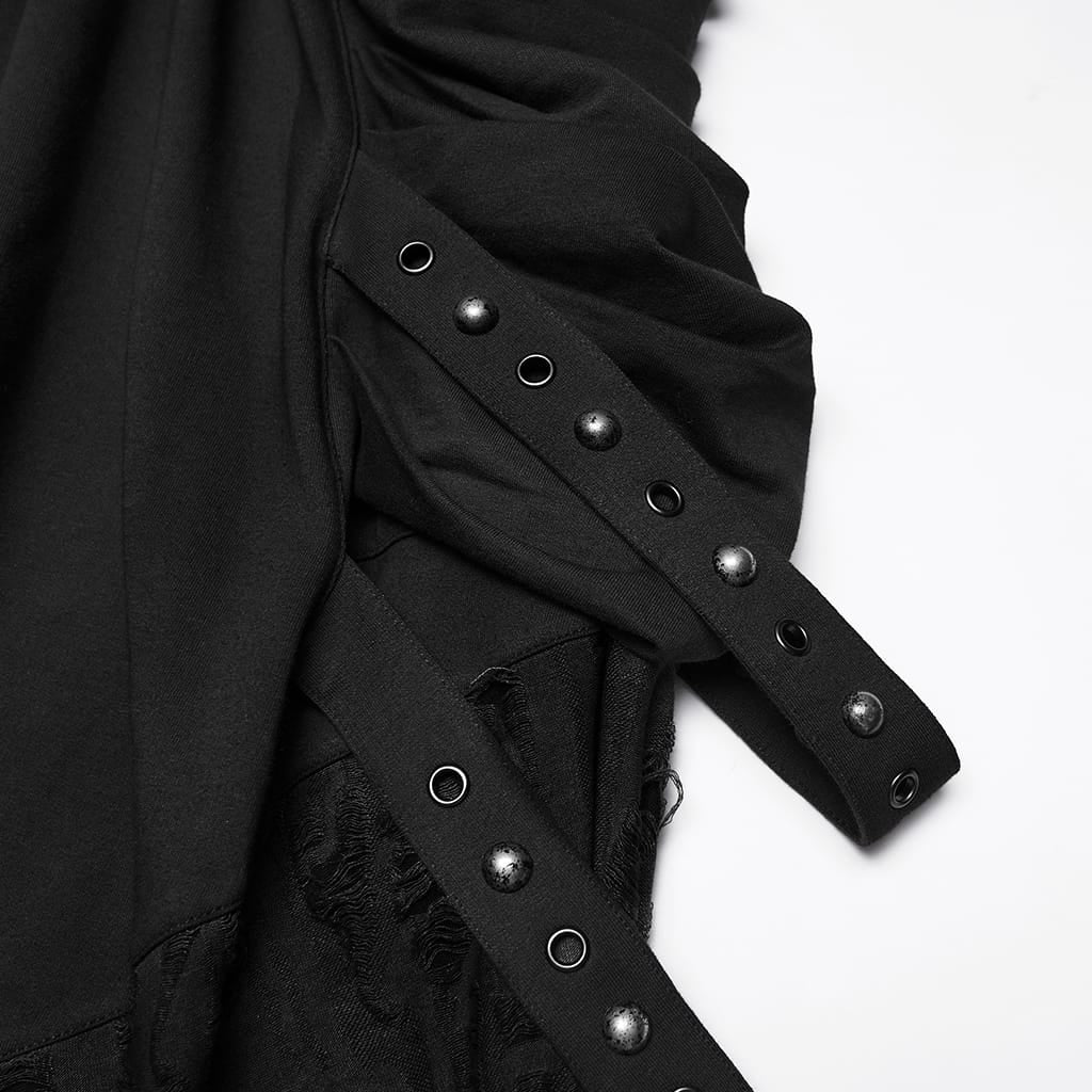 PUNK RAVE Men's Punk Eyelet & Rivet Strap Distressed Drop-crotch Pants Black