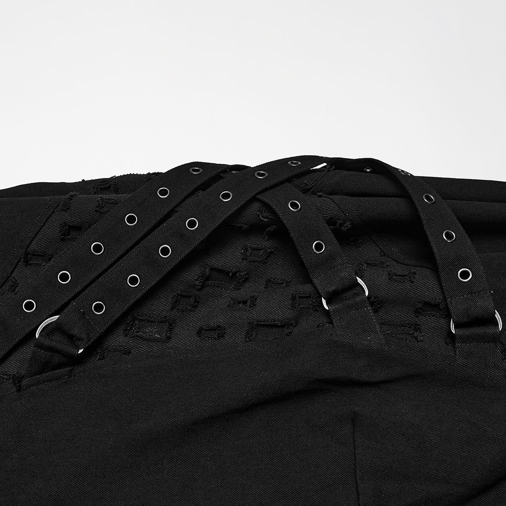PUNK RAVE Men's Punk Eyelet Strap Studded Ruched Loose Pants