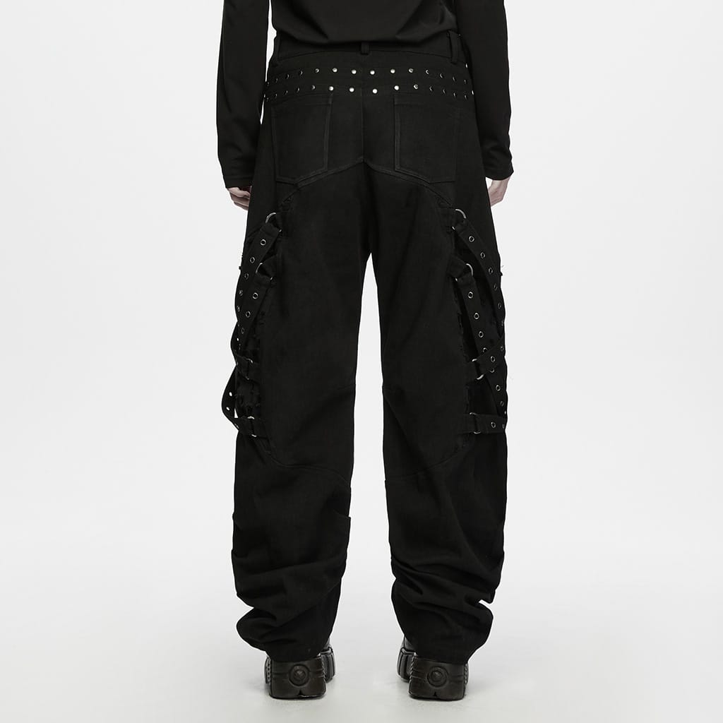 PUNK RAVE Men's Punk Eyelet Strap Studded Ruched Loose Pants