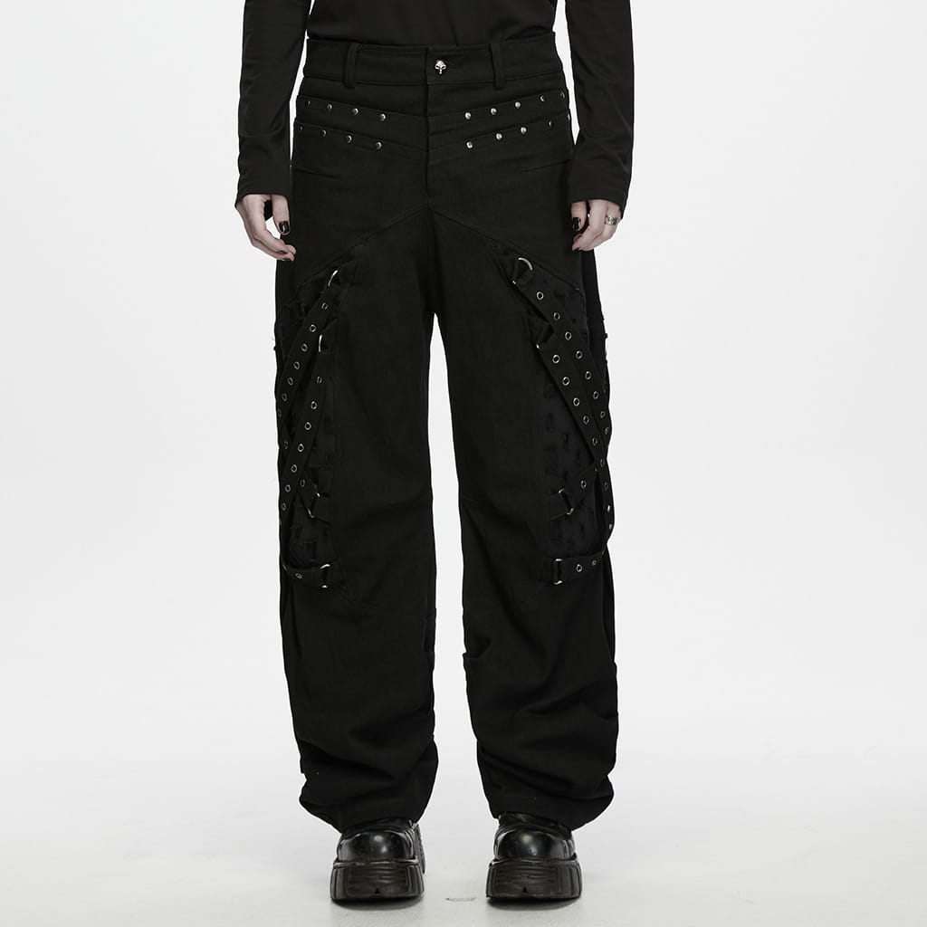 PUNK RAVE Men's Punk Eyelet Strap Studded Ruched Loose Pants