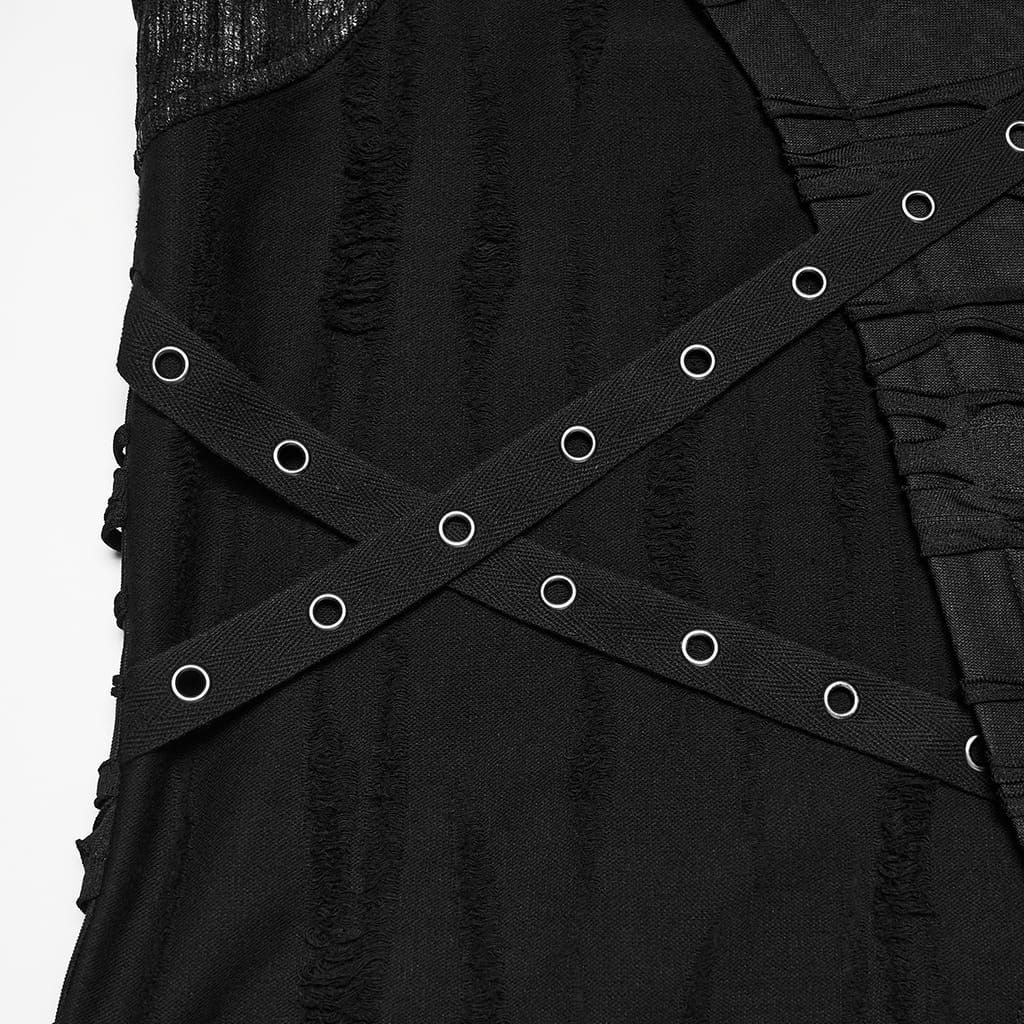 PUNK RAVE Men's Punk Eyelet Strap Tattered Hooded Tank Top Black