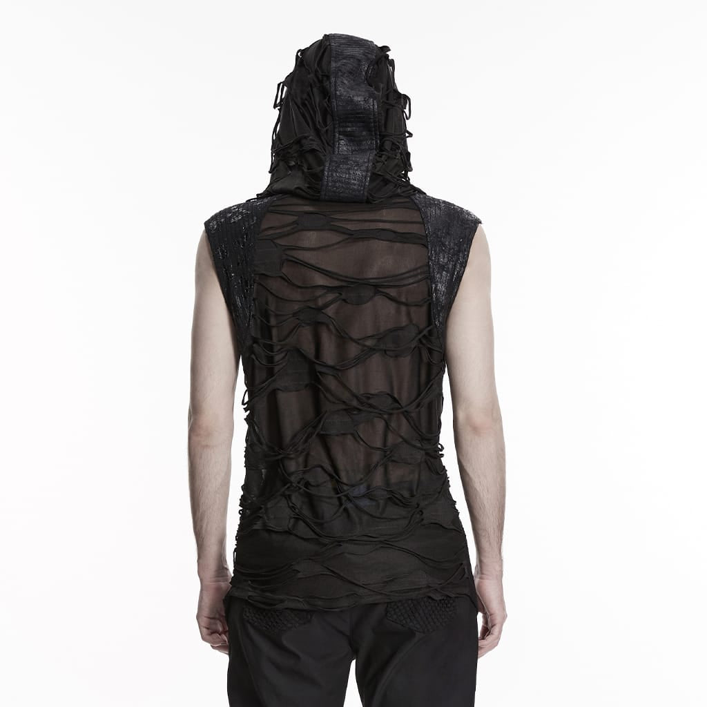 PUNK RAVE Men's Punk Eyelet Strap Tattered Hooded Tank Top Black