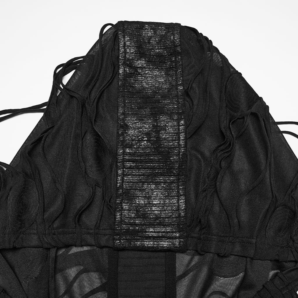 PUNK RAVE Men's Punk Eyelet Strap Tattered Hooded Tank Top Black