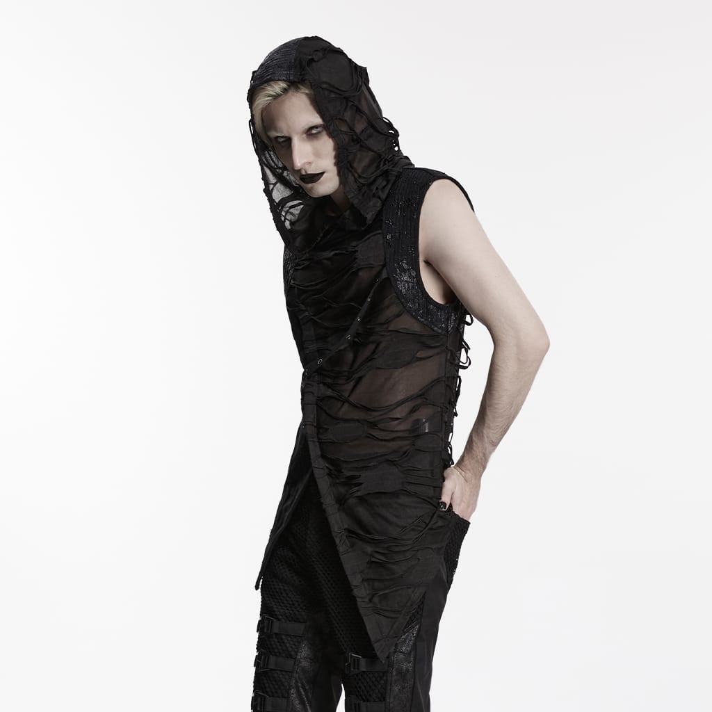 PUNK RAVE Men's Punk Eyelet Strap Tattered Hooded Tank Top Black