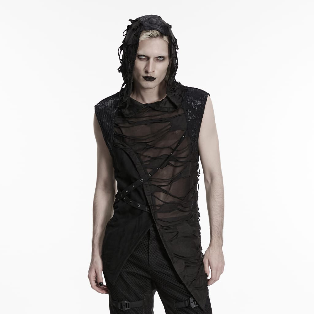 PUNK RAVE Men's Punk Eyelet Strap Tattered Hooded Tank Top Black