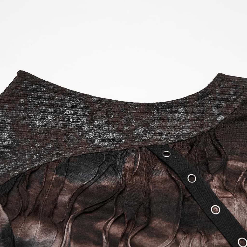 PUNK RAVE Men's Punk Eyelet Strap Tattered Hooded Tank Top Black-Coffee