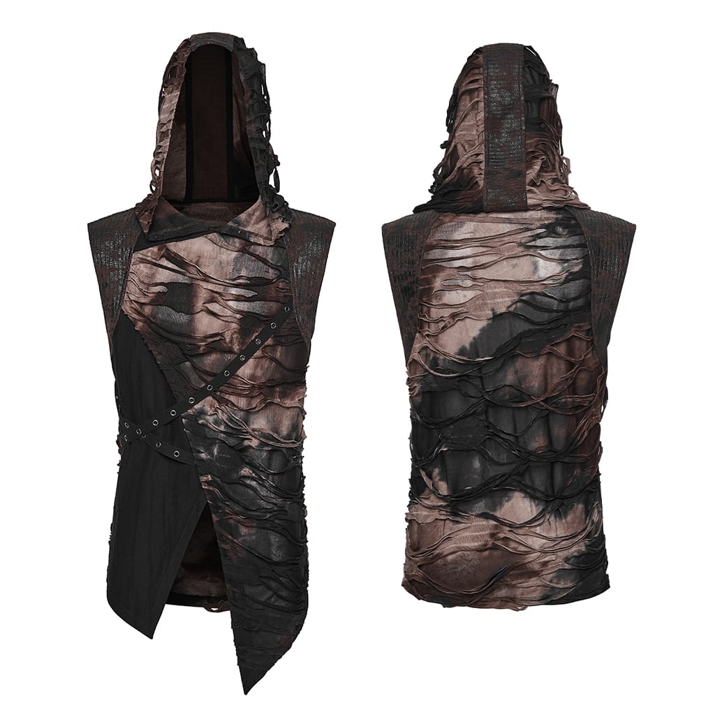 PUNK RAVE Men's Punk Eyelet Strap Tattered Hooded Tank Top Black-Coffee