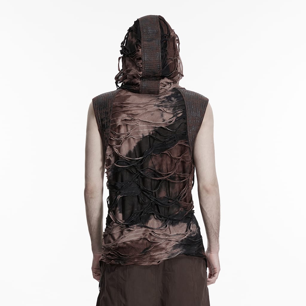 PUNK RAVE Men's Punk Eyelet Strap Tattered Hooded Tank Top Black-Coffee
