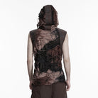 PUNK RAVE Men's Punk Eyelet Strap Tattered Hooded Tank Top Black-Coffee