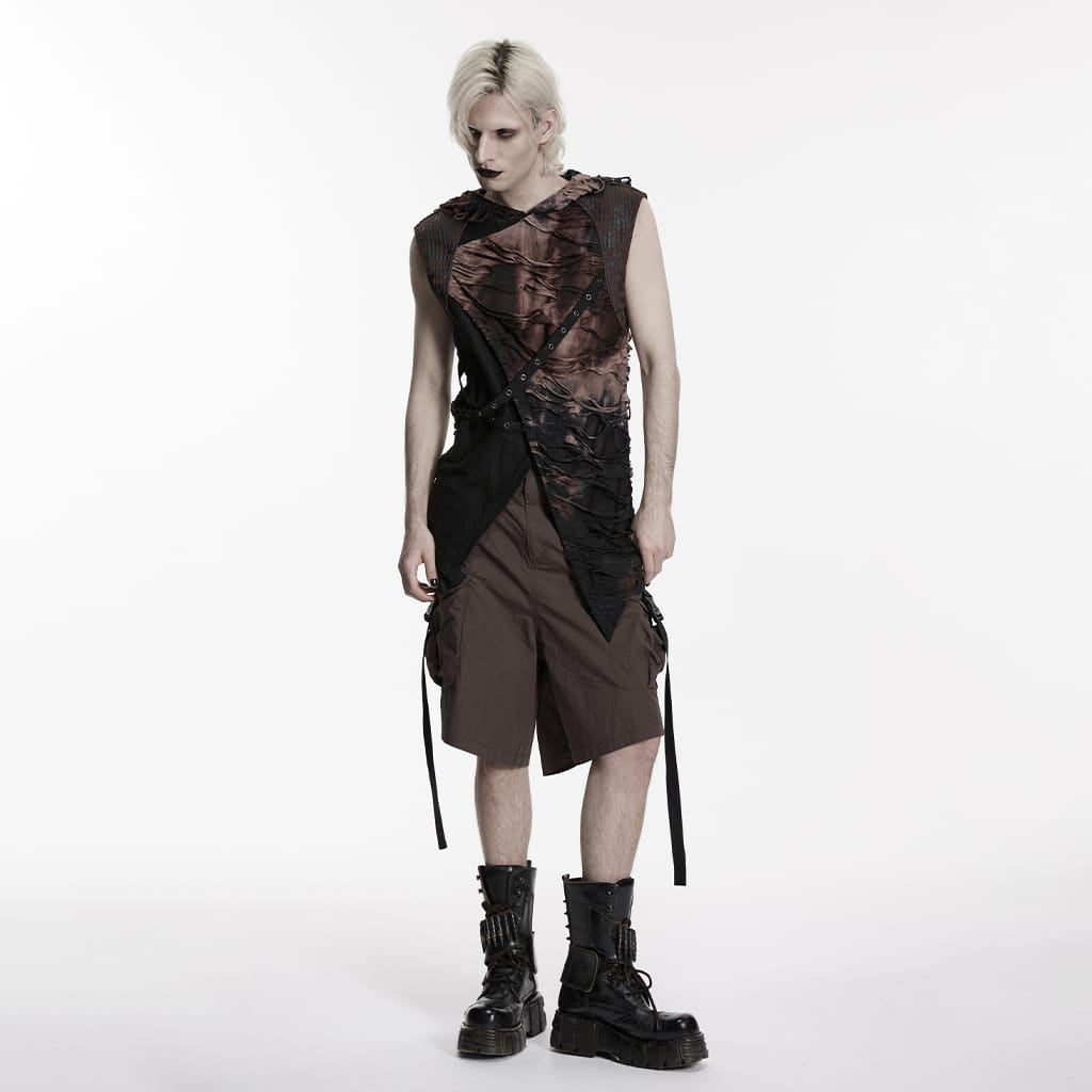PUNK RAVE Men's Punk Eyelet Strap Tattered Hooded Tank Top Black-Coffee