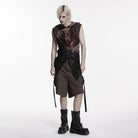 PUNK RAVE Men's Punk Eyelet Strap Tattered Hooded Tank Top Black-Coffee