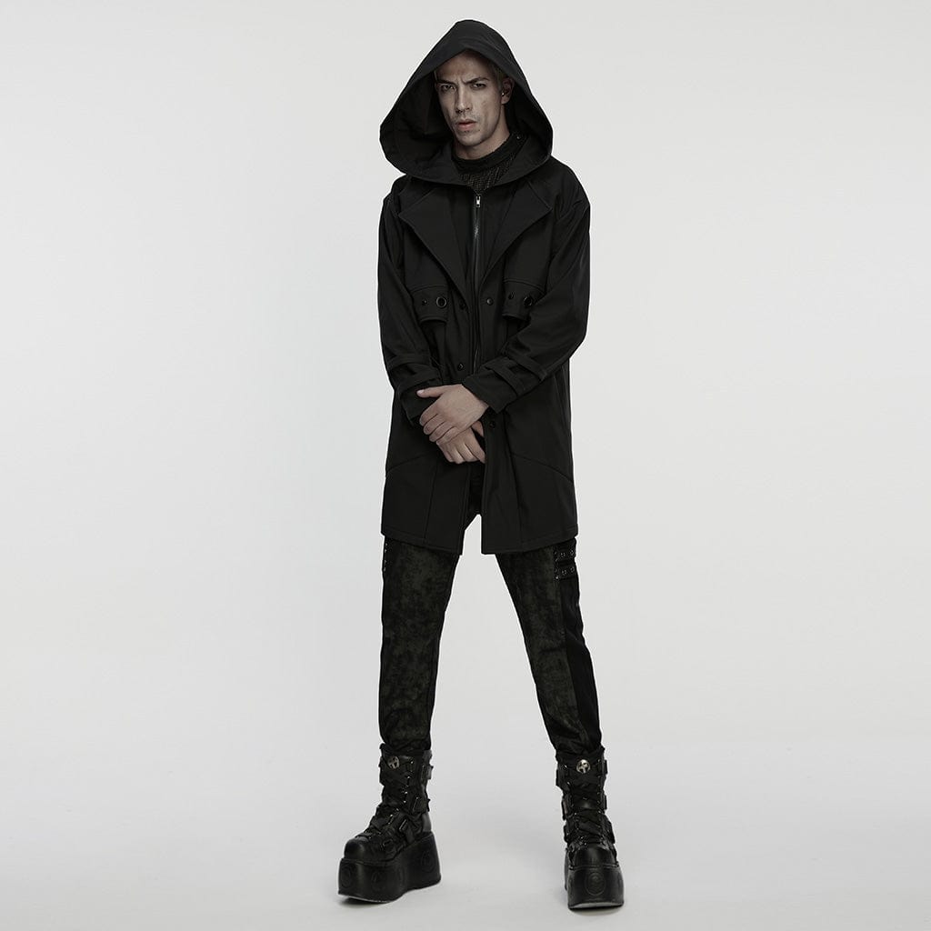 PUNK RAVE Men's Punk Eyelet Turn-down Collar Hooded Jacket
