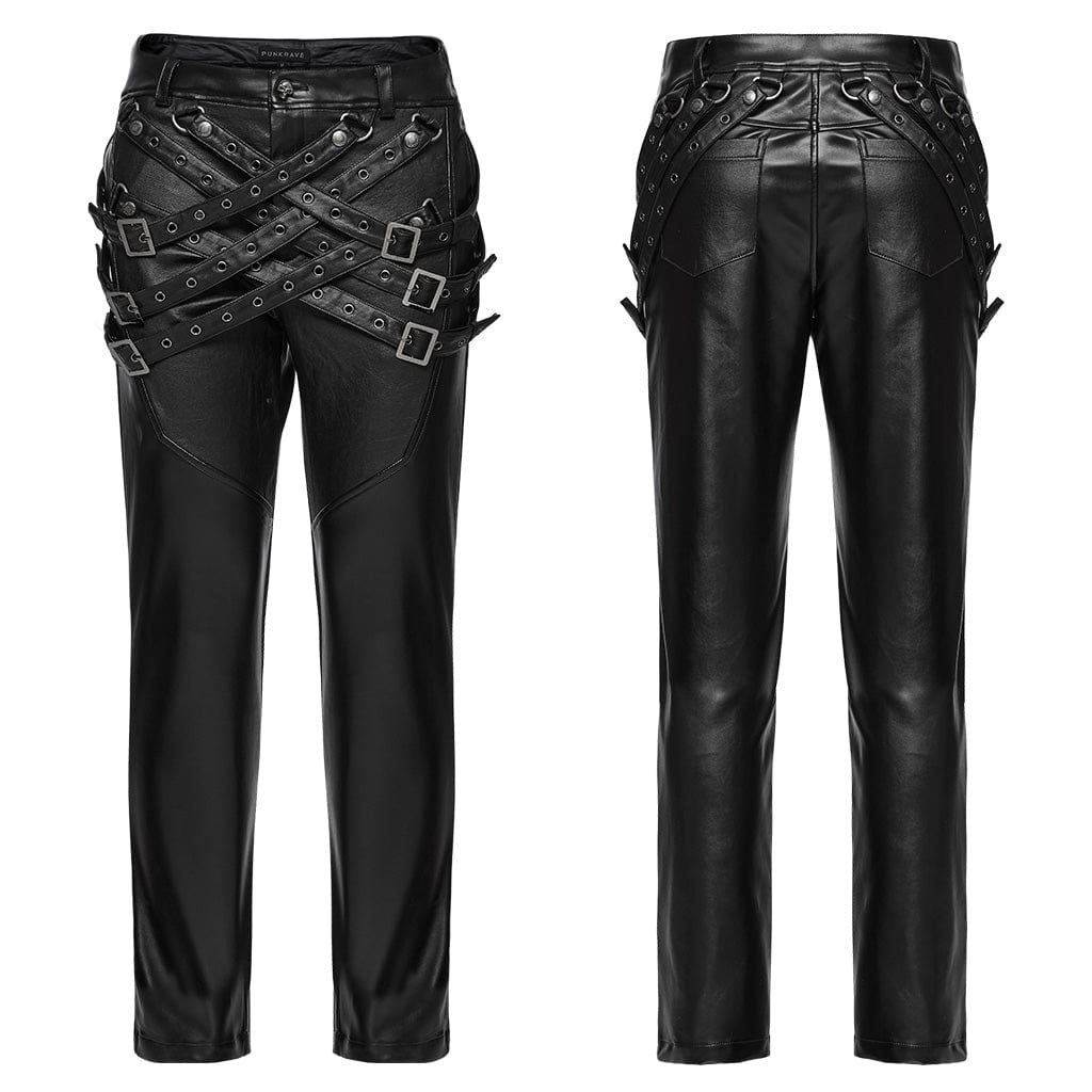 PUNK RAVE Men's Punk Eyelets Buckle-up Strap Pants