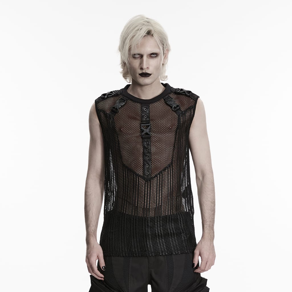 PUNK RAVE Men's Punk Eyelets Buckles Mesh Tank Top