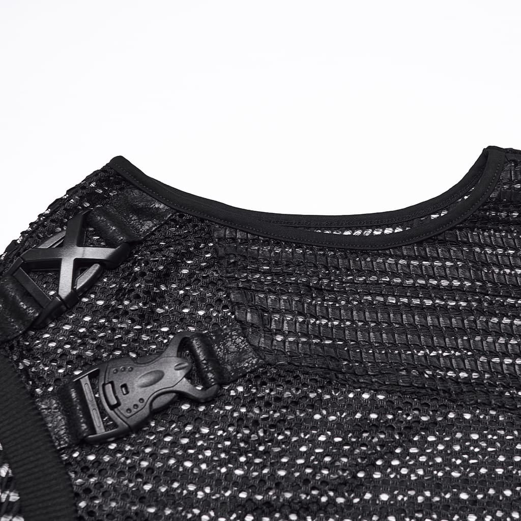 PUNK RAVE Men's Punk Eyelets Buckles Mesh Tank Top