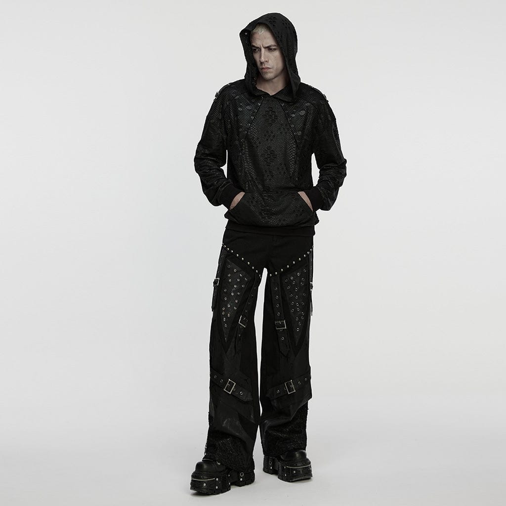 PUNK RAVE Men's Punk Eyelets Ripped Loose Hoodie